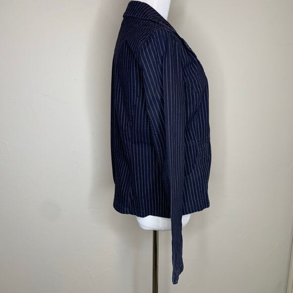 Navy Blue Cotton Casual Blazer Tan Stripes Sz Medium - Picture 4 of 8